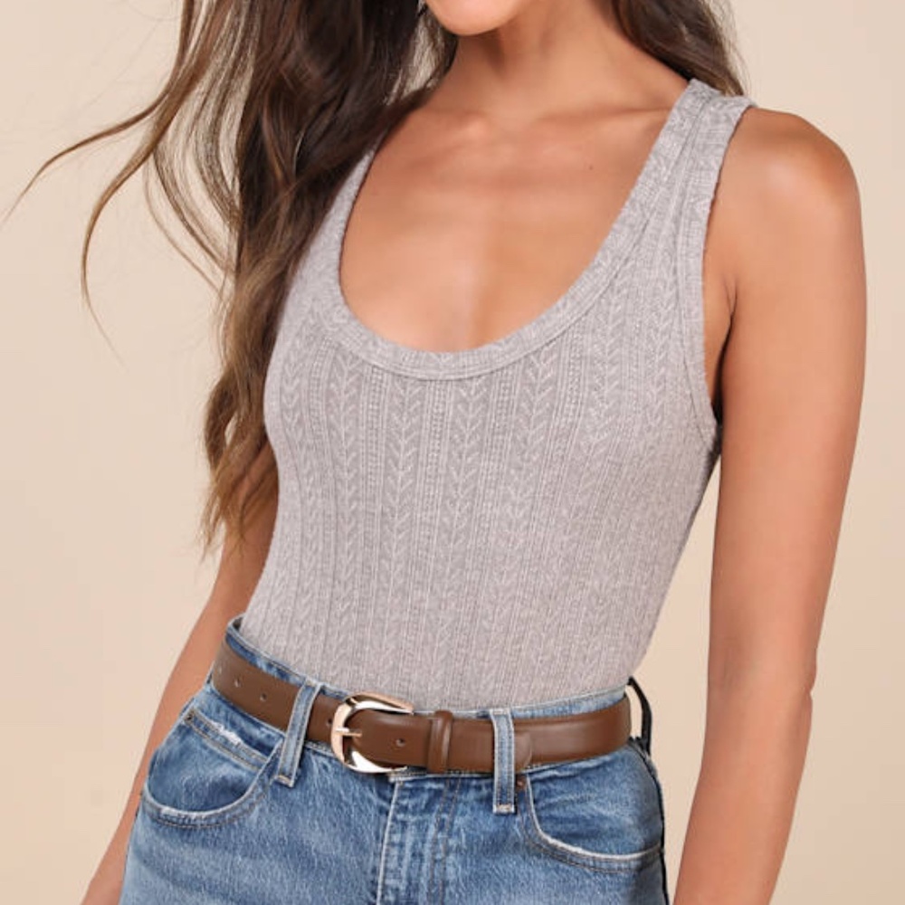 Lulus Decidedly Ideal Grey Pointelle Knit Sleeveless Bodysuit - Size L